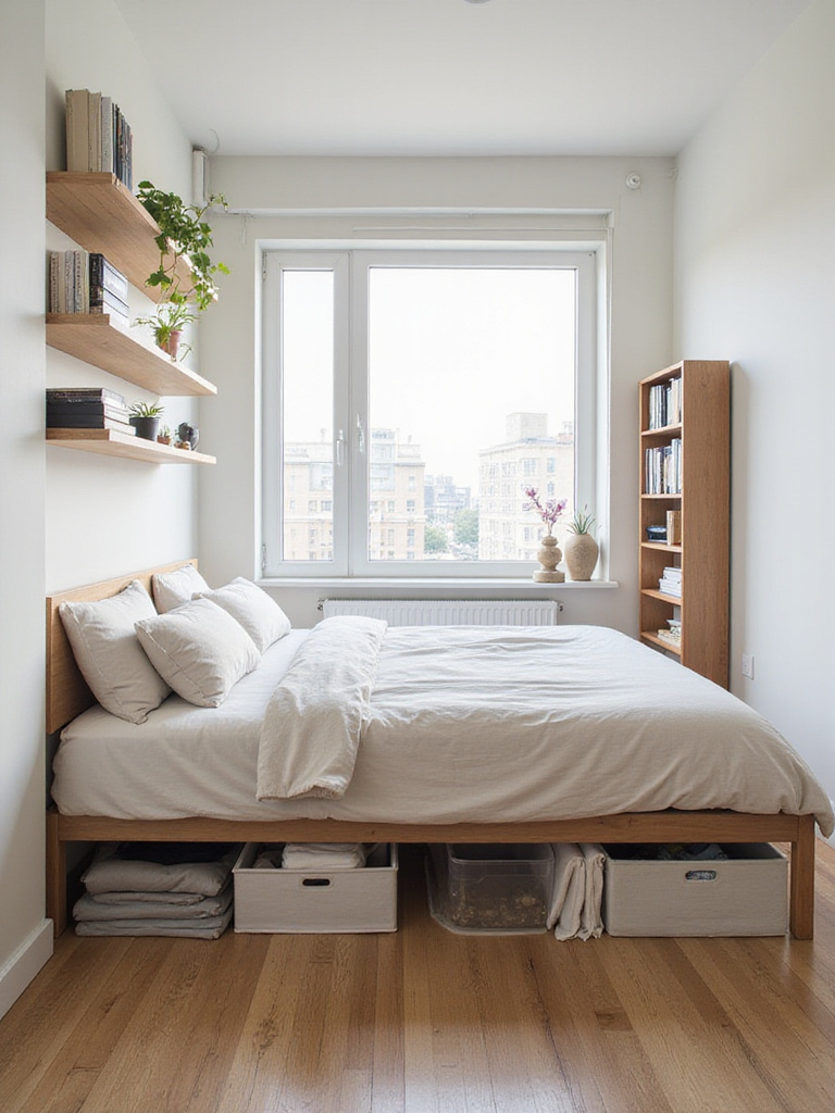 Serene apartment bedroom with under-bed storage and floating shelves showcasing smart organization solutions.