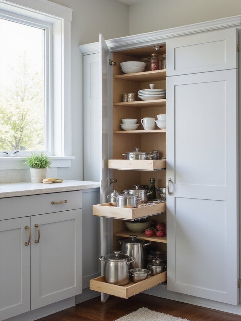 Smart corner kitchen cabinet featuring a blind corner pull-out system for maximized storage.