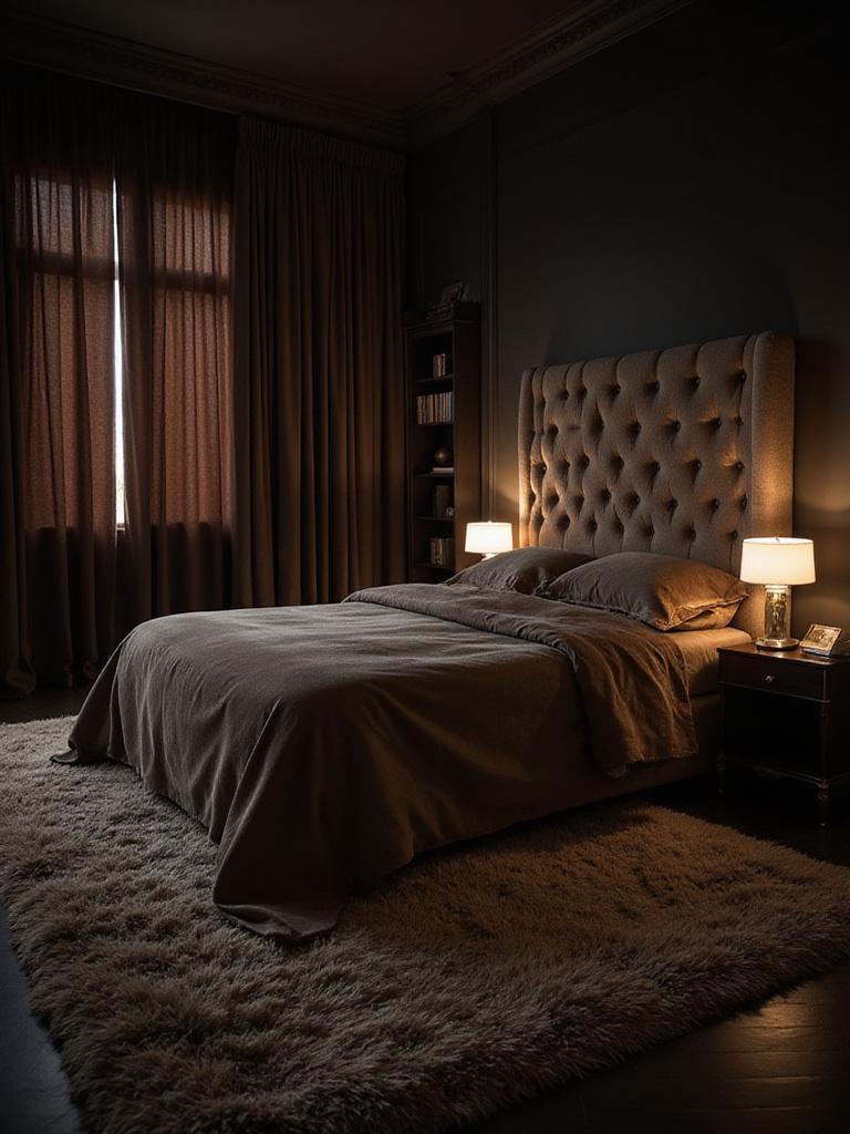 Luxurious bedroom with soundproofing elements: heavy curtains, plush rug, and upholstered headboard.