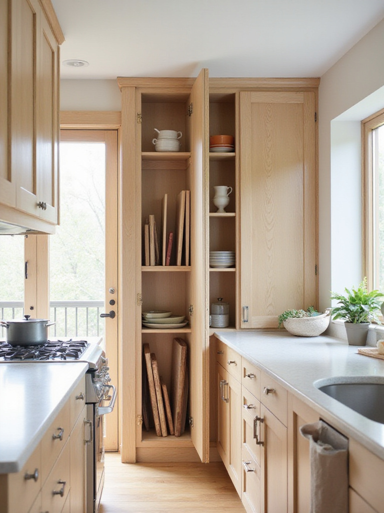 Modern kitchen featuring tall, vertical cabinets for maximizing storage space