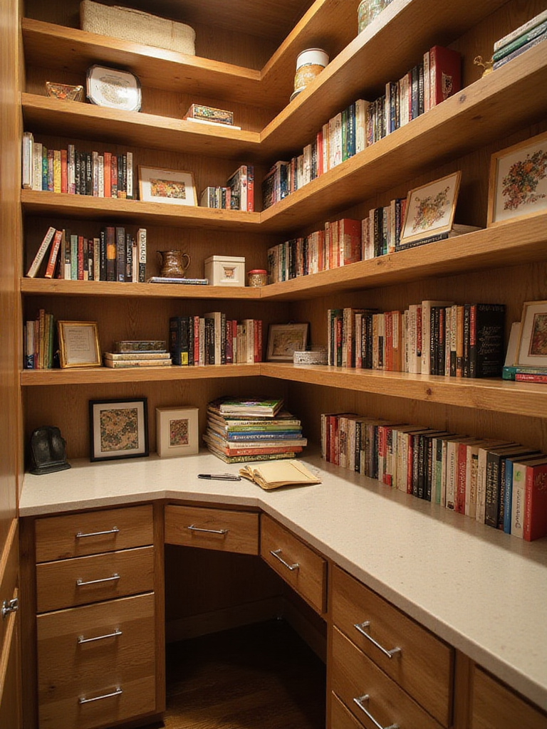 Organized pantry with a cookbook corner featuring wooden shelves and neatly arranged cookbooks.