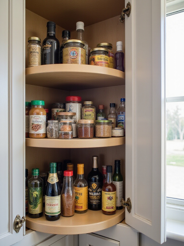 Corner kitchen cabinet with a two-tiered Lazy Susan filled with organized spices and pantry items.