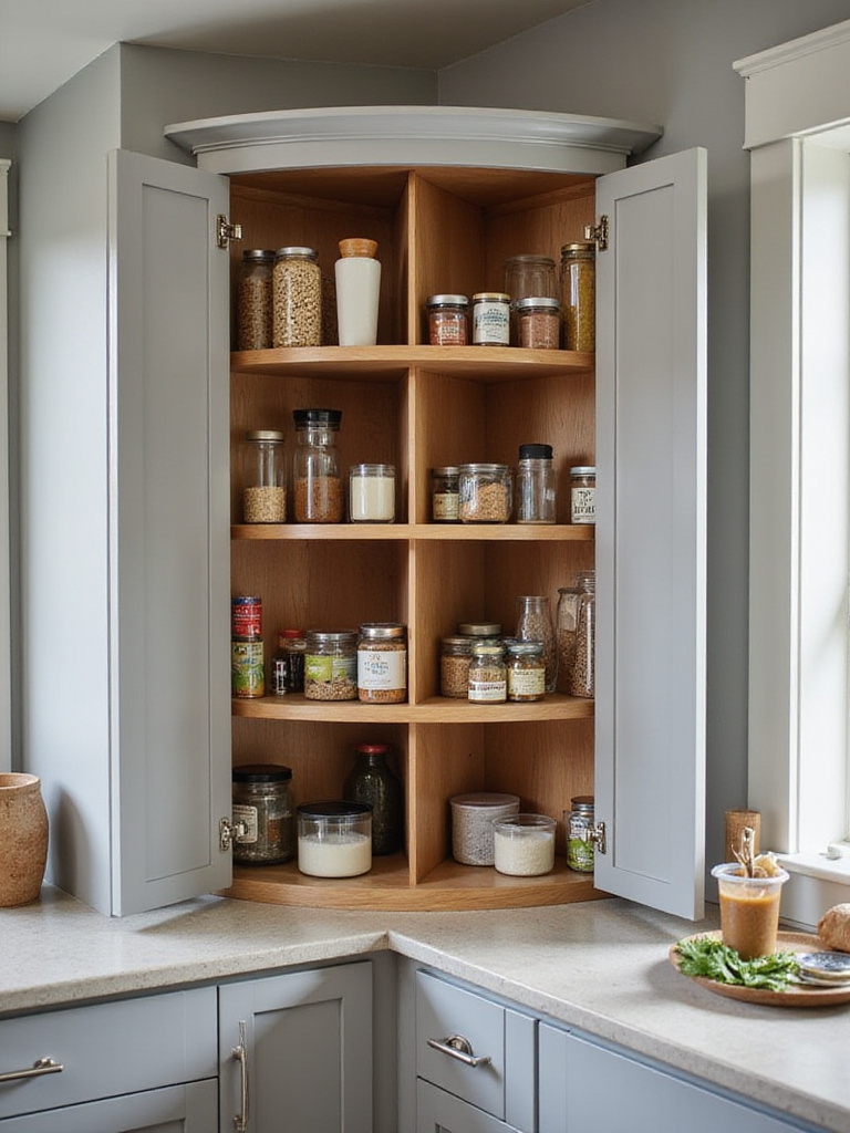 Corner cabinet with wooden Lazy Susan holding pantry items