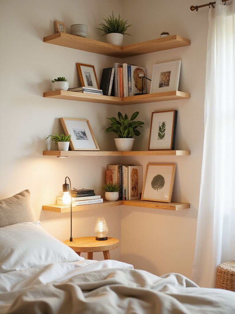 Bedroom corner with light wood floating shelves holding books, plants, and photos