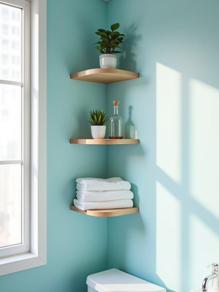 Apartment bathroom corner with floating shelves displaying towels and plants.
