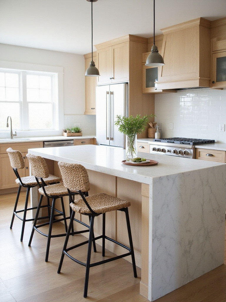 Chic rattan and metal bar stools at a kitchen island.