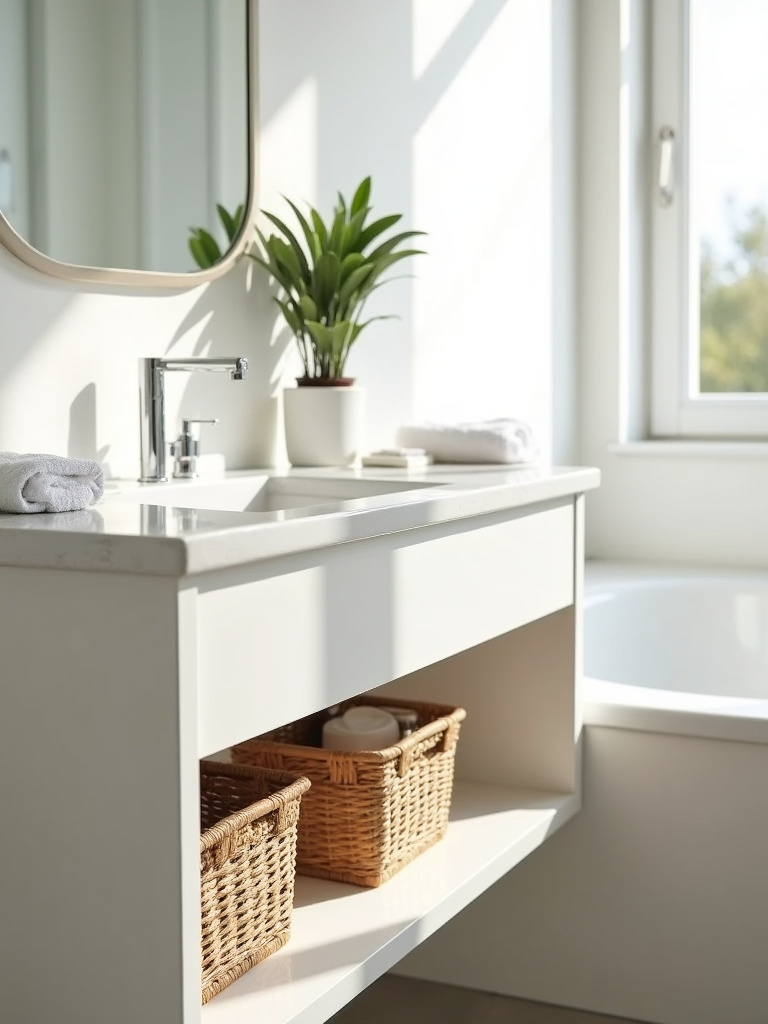 Decluttered bathroom countertop with soap dispenser, plant, and hand towel for spa-like feel