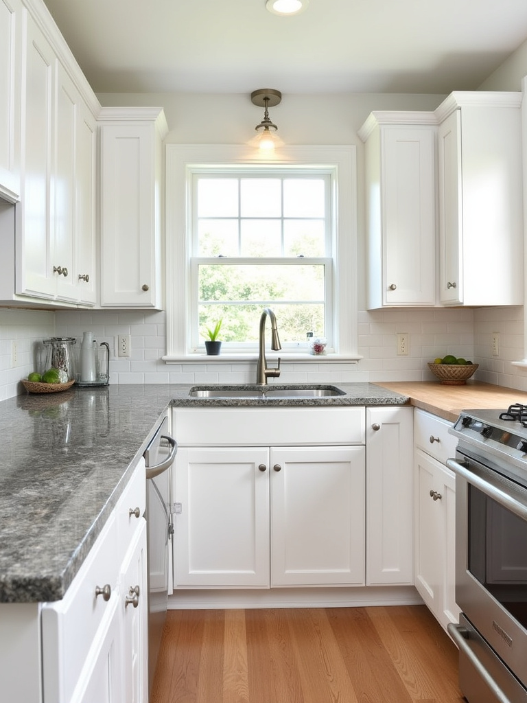 White kitchen cabinets paired with granite, quartz, and wood countertops showcasing versatility.
