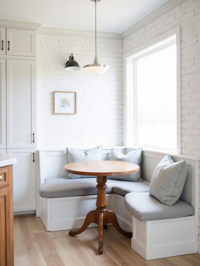 Cozy built-in breakfast nook bench in a modern farmhouse kitchen.
