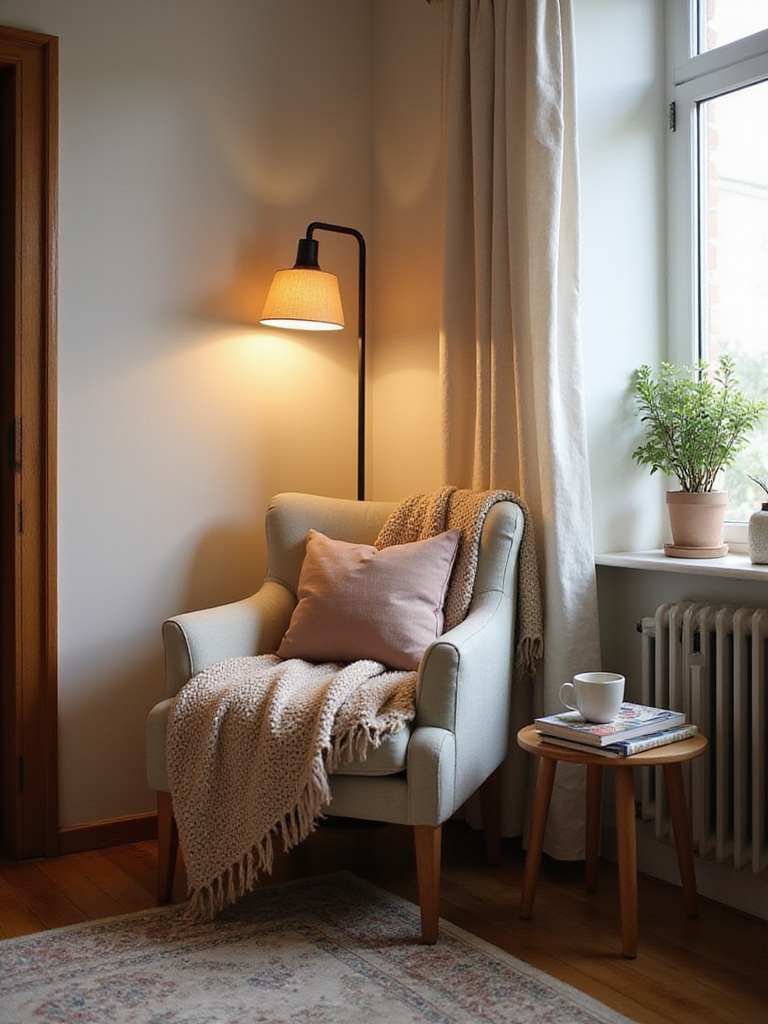 Cozy reading nook in apartment bedroom corner with armchair, lamp, and books.