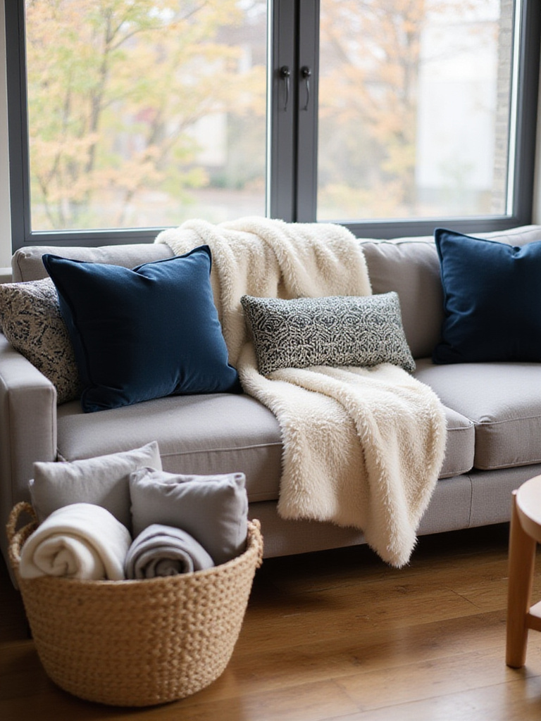 Cozy apartment living room with plush throw blanket and pillows on sofa