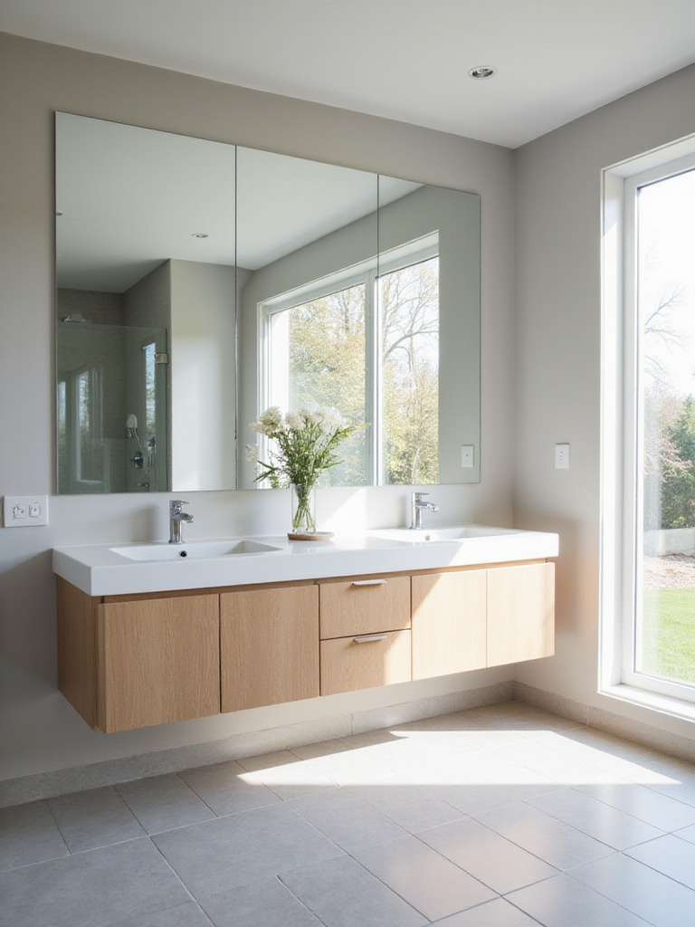 Modern bathroom with oversized wall-to-wall mirror reflecting natural light and a double vanity.