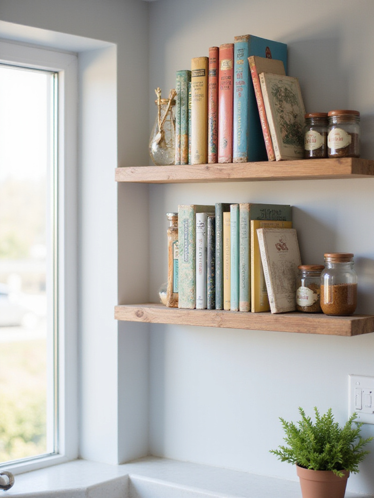 DIY floating shelves in a modern kitchen, displaying cookbooks, spice jars, and a potted herb.