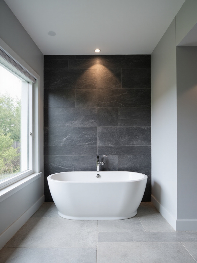 Modern bathroom with a dark charcoal grey textured tile accent wall behind a freestanding tub.