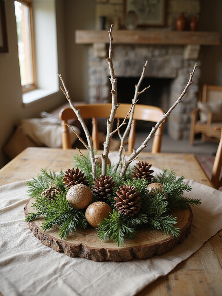 Rustic dining room centerpiece with branches, pinecones, and greenery on a wooden tray.