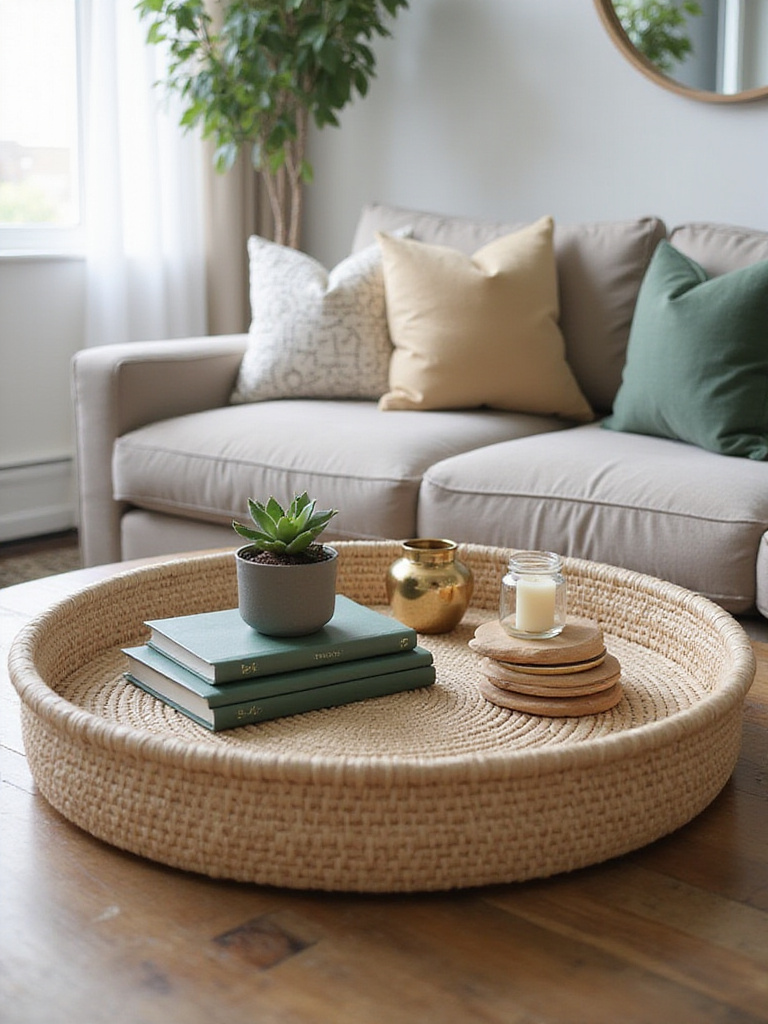 Living room coffee table styled with a woven tray containing books, succulent, candle, and coasters.