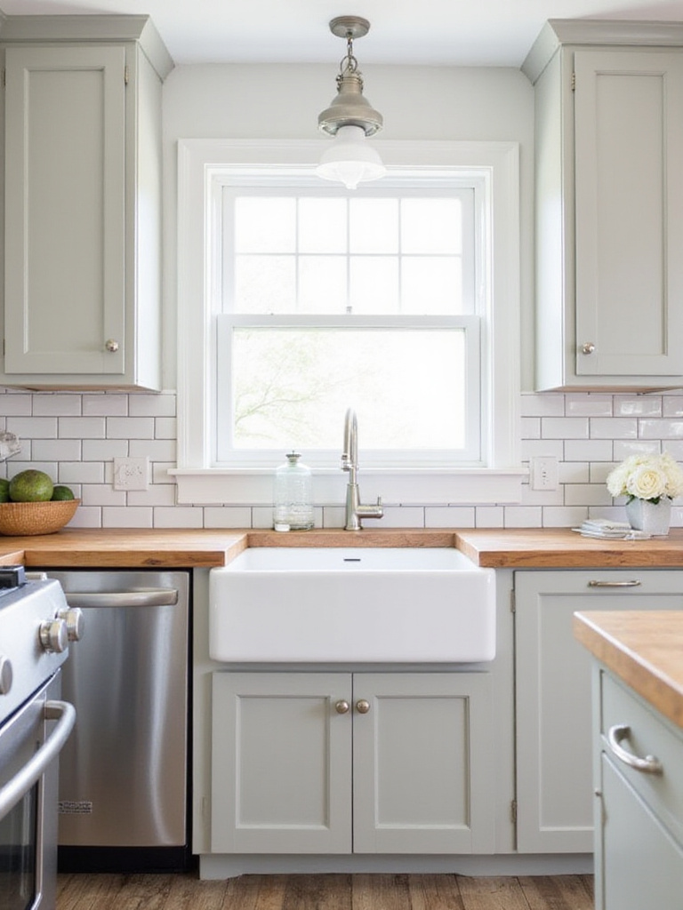 Farmhouse kitchen with white subway tile backsplash
