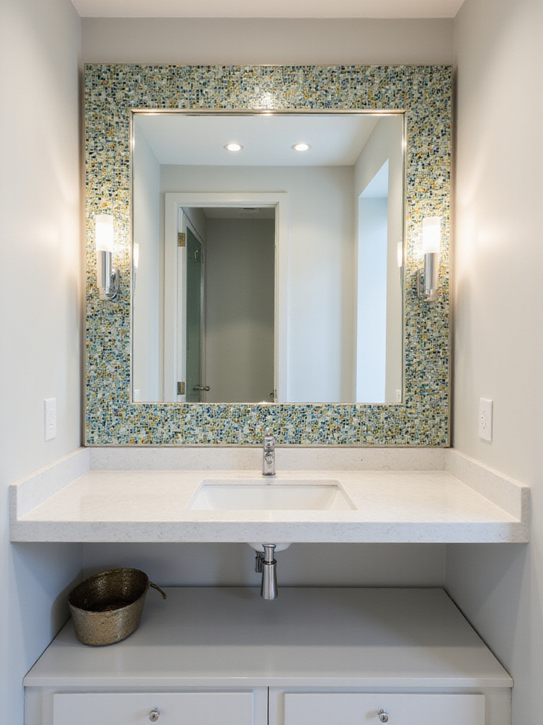 Bathroom with a mosaic tile mirror frame