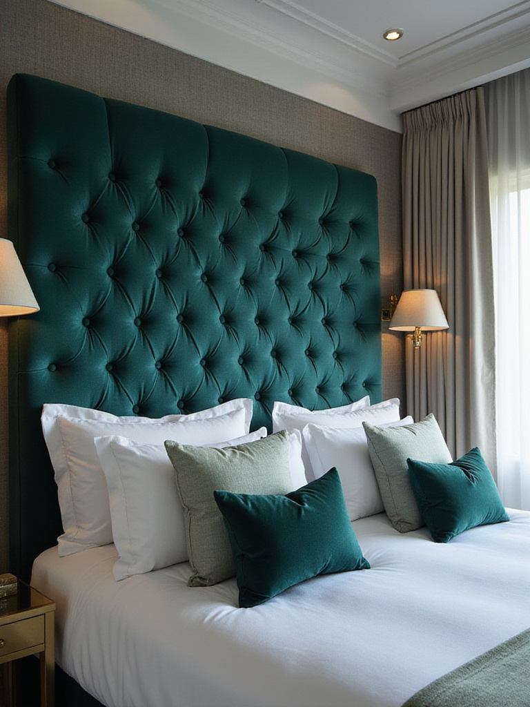 Romantic bedroom with a large tufted velvet headboard and textured feature wall.