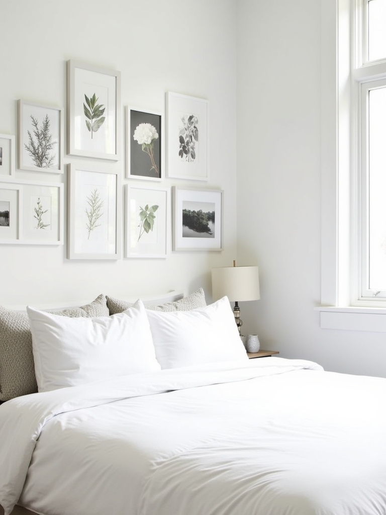 White bedroom with gallery wall of art and photos in white frames above the bed.