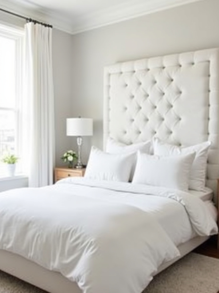 White bedroom with tufted white upholstered headboard as focal point