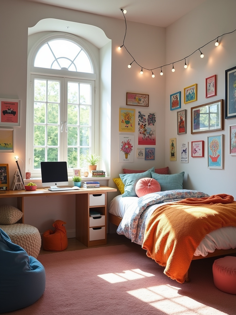 Stylish and personalized teen bedroom with gallery wall, study area, and cozy reading nook.