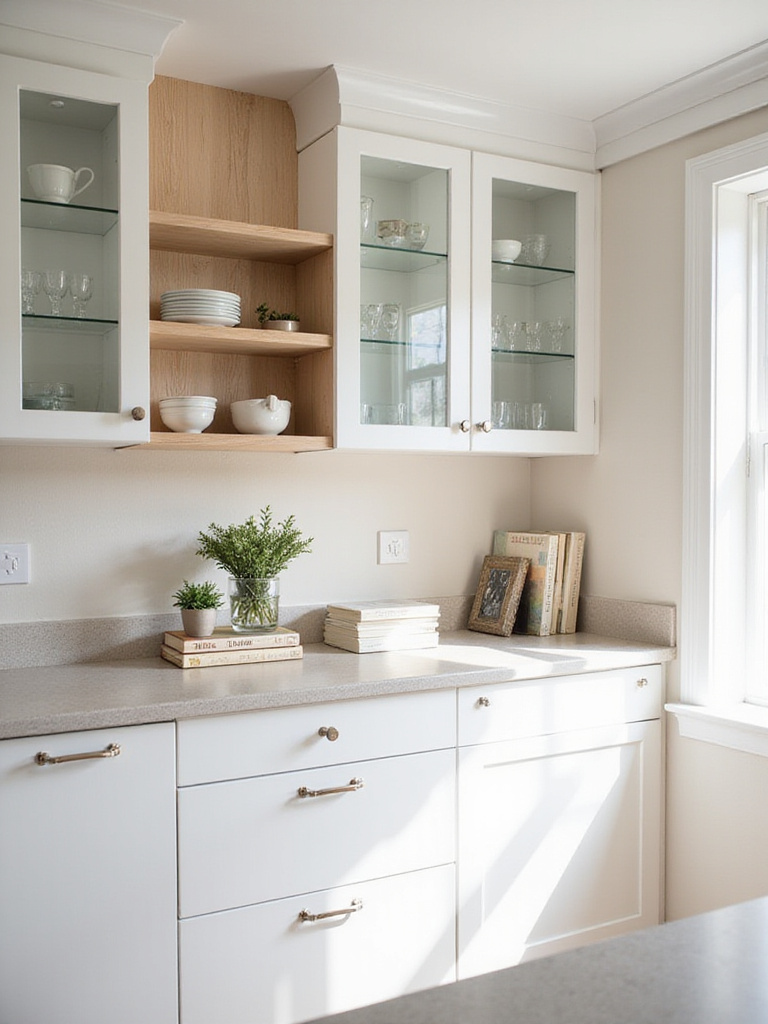 Modern kitchen featuring floating shelves with wood backing and glass-front cabinets.