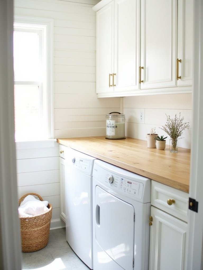Bright and clean white laundry room with natural wood accents