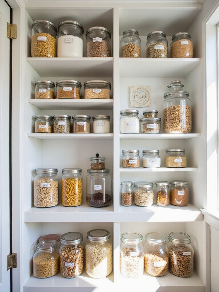Organized pantry with clear containers filled with dry goods.