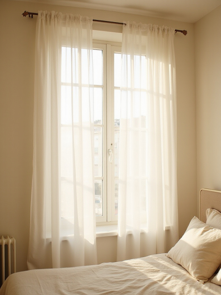Bright apartment bedroom featuring sheer white curtains allowing soft sunlight to filter through.