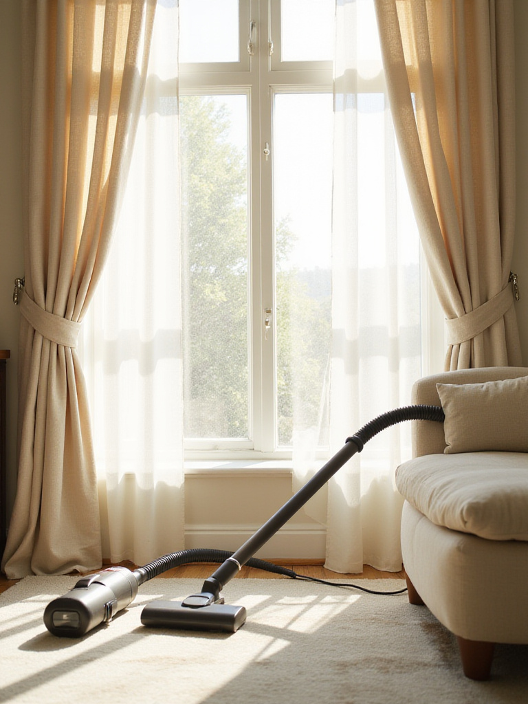 Sunlight filtering through linen curtains in a living room, with a handheld vacuum cleaner nearby, illustrating curtain care.