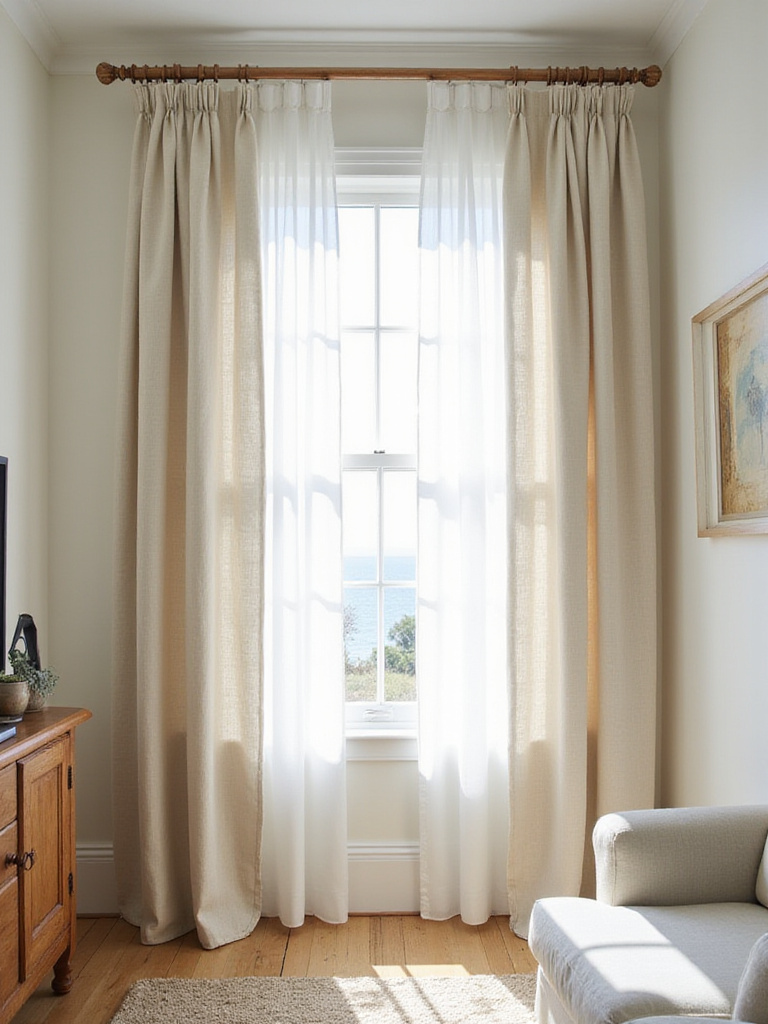 Coastal living room with floor-to-ceiling linen curtains layered over sheers.