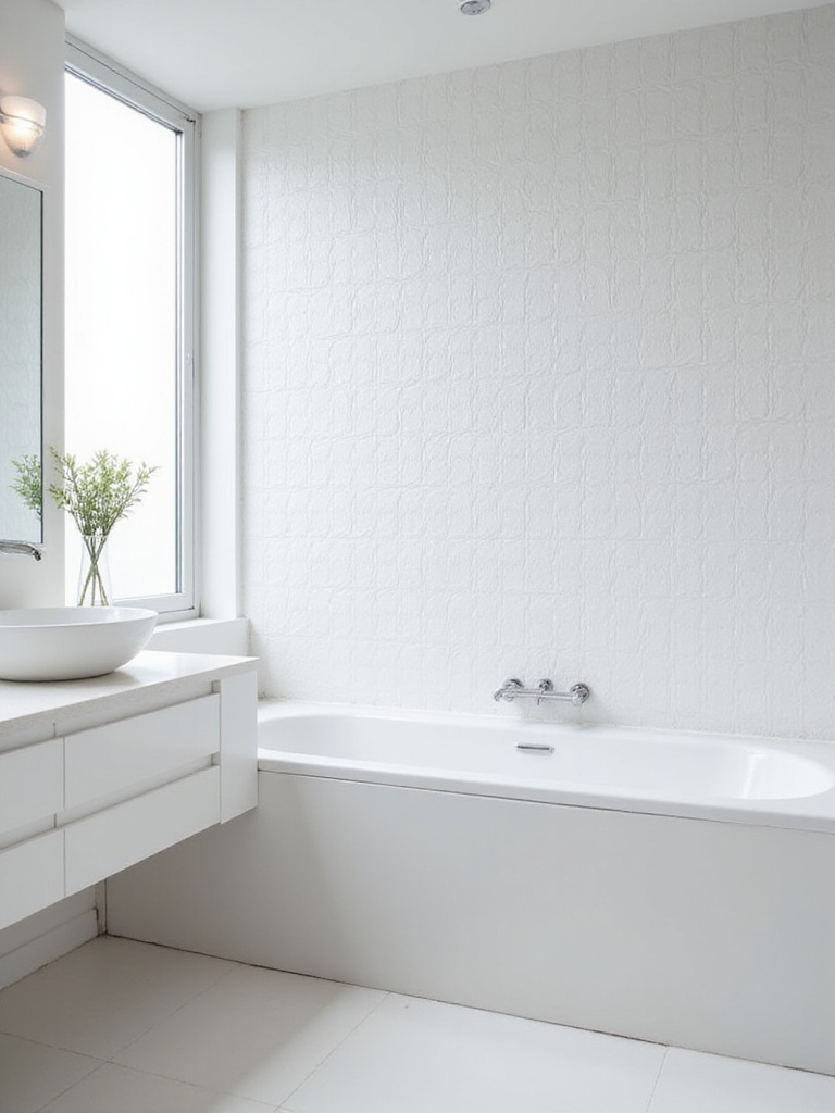 Modern bathroom with white geometric 3D textured wallpaper accent wall.