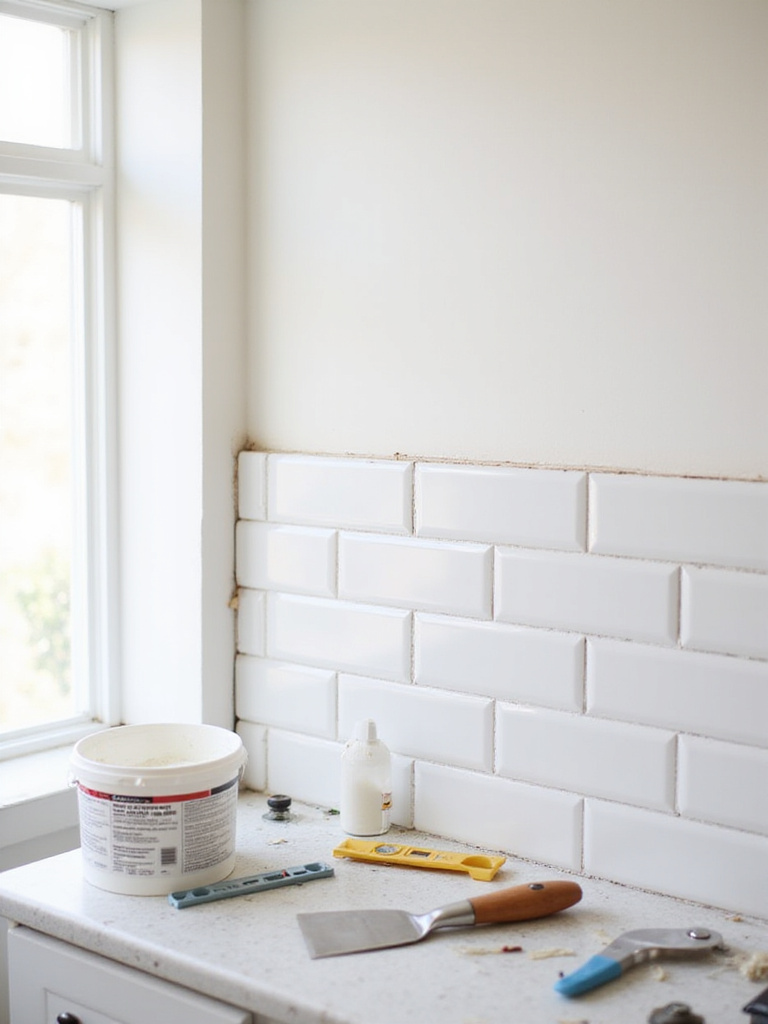 DIY tile backsplash installation in progress, showcasing white subway tiles, tools, and adhesive.