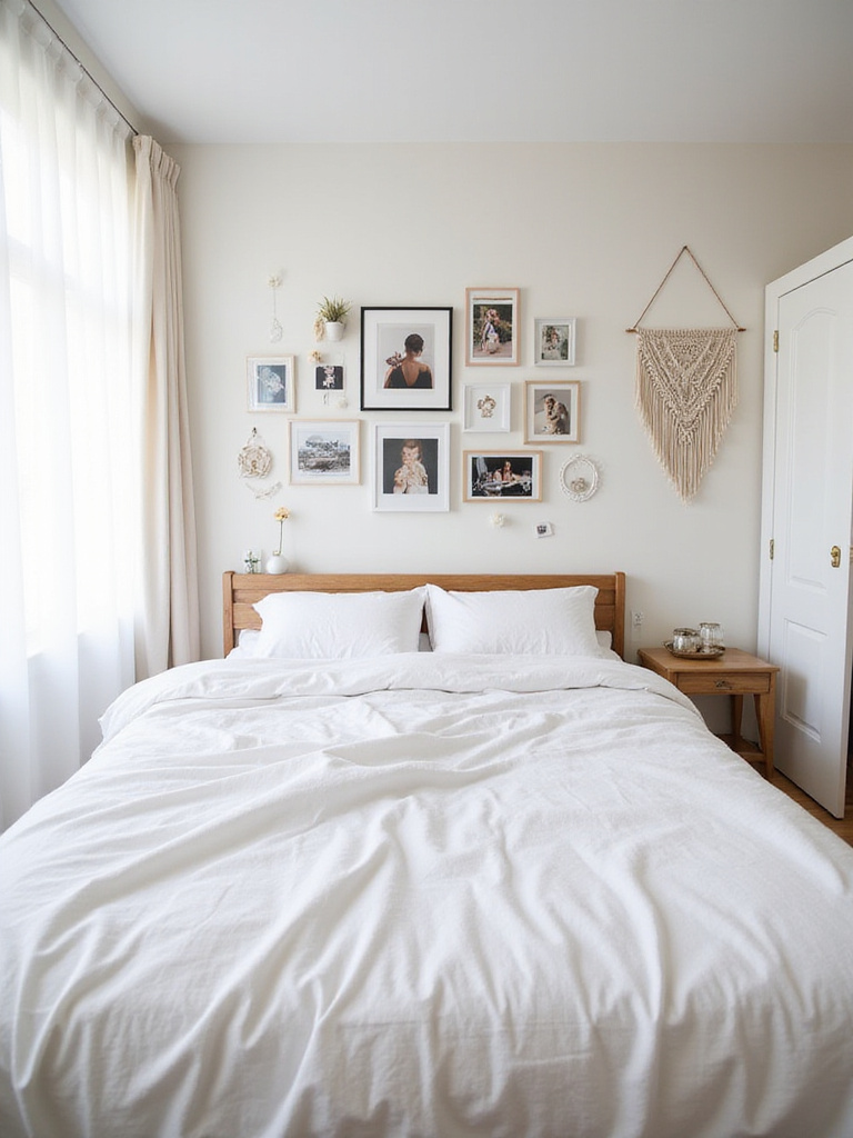 Apartment bedroom with DIY gallery wall and macrame wall hanging.