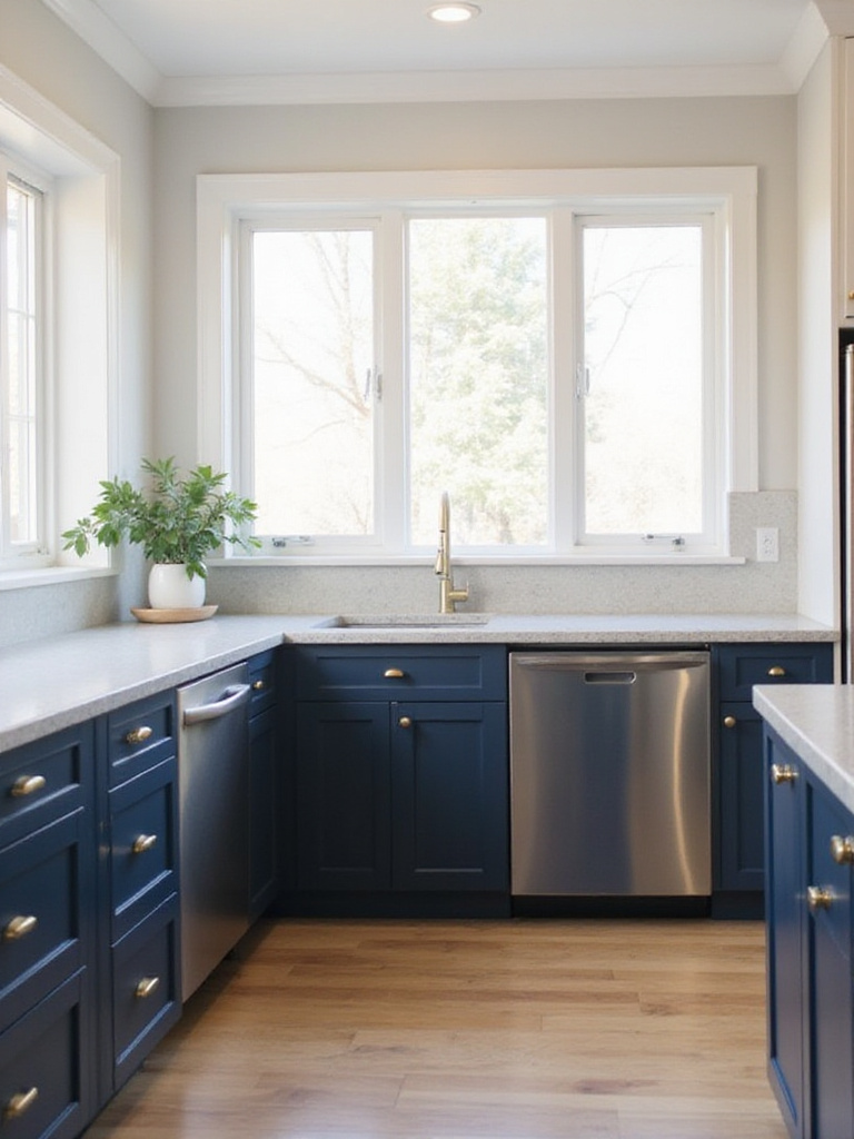 Modern kitchen with navy blue and white two-tone cabinets