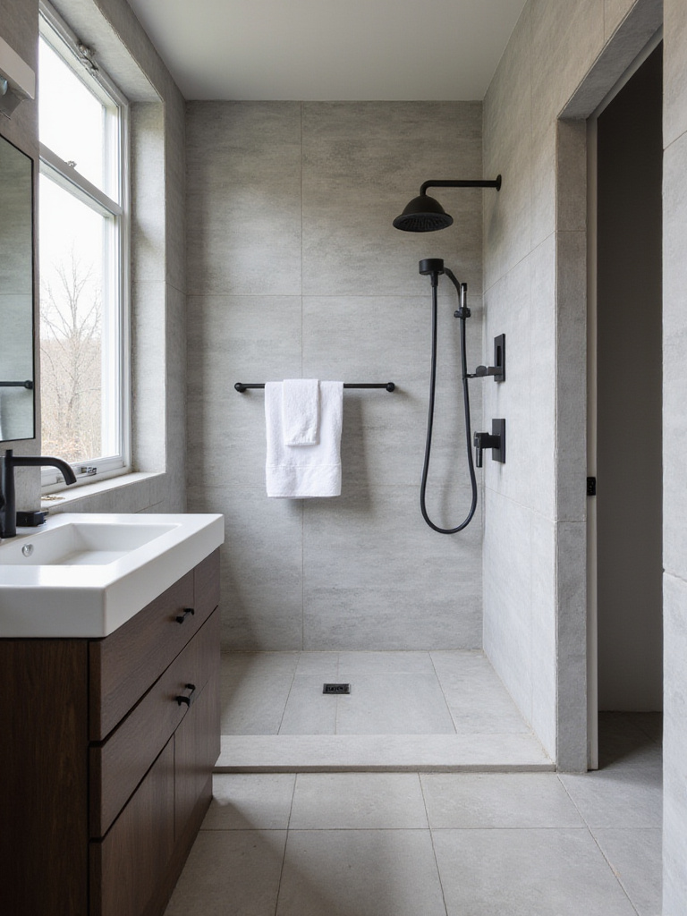 Modern bathroom with matte black fixtures and light gray tile
