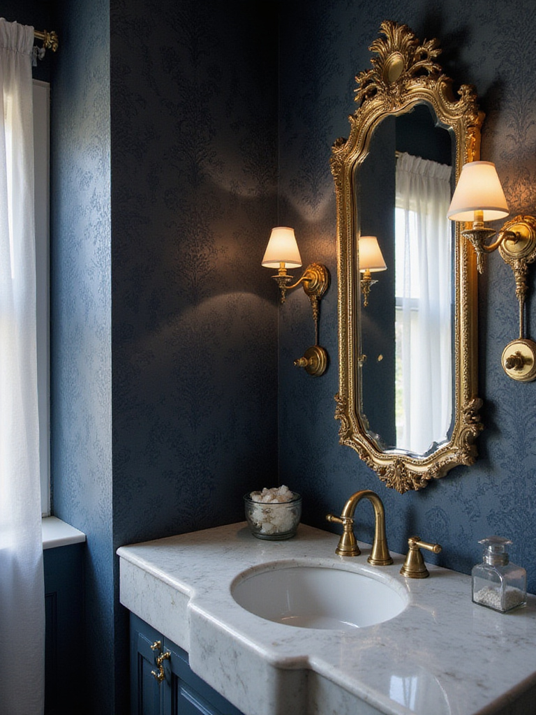 Dark navy blue damask wallpaper in a luxurious bathroom with gold fixtures and a white porcelain sink.