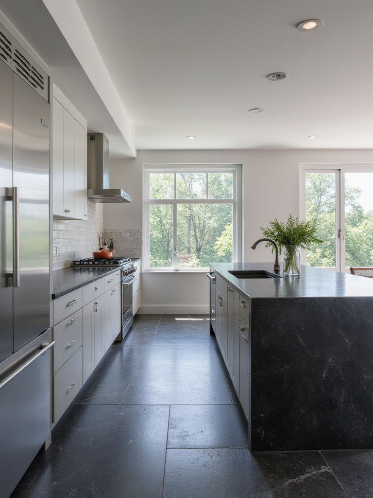 Modern kitchen with dark slate countertops and light gray cabinets.