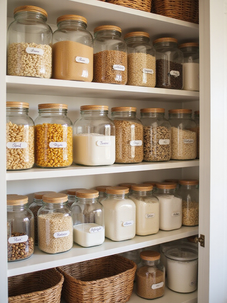 Organized pantry with clear glass containers of dry goods