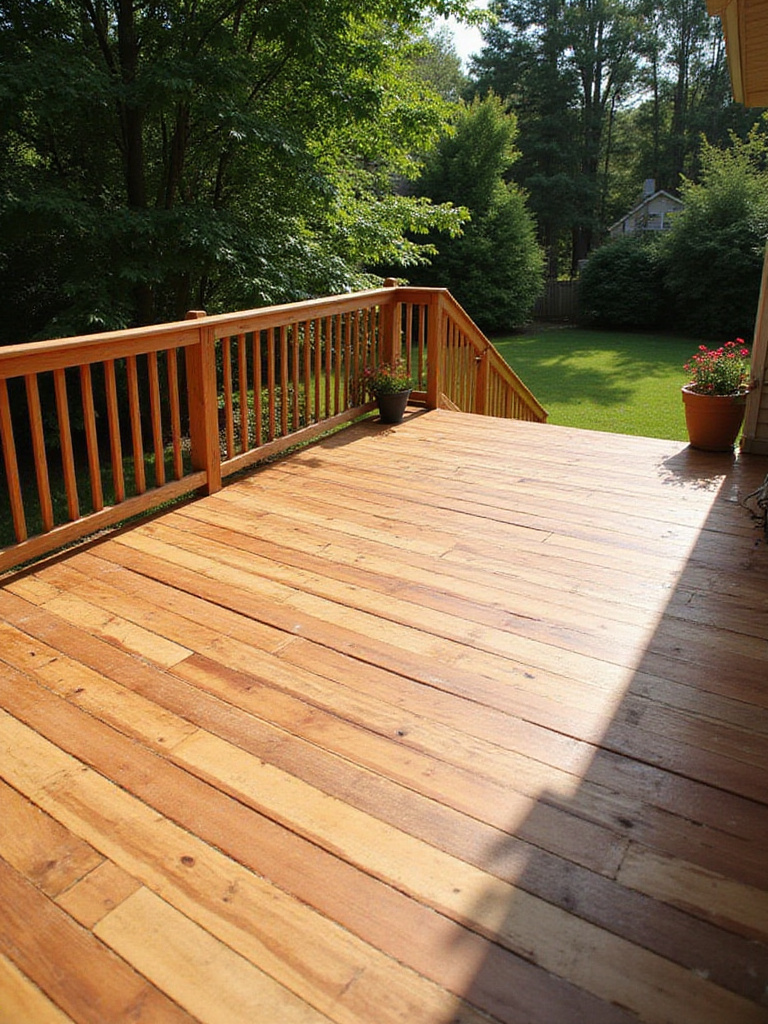 Newly stained wooden deck surrounded by lush greenery.