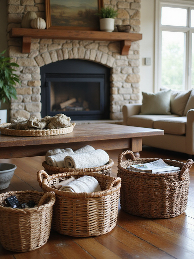 Rustic living room with handwoven baskets used for stylish decluttering.