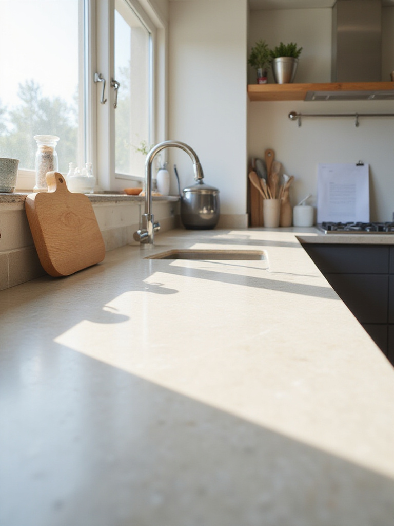 Bright, uncluttered kitchen counter with minimal items for a spacious feel