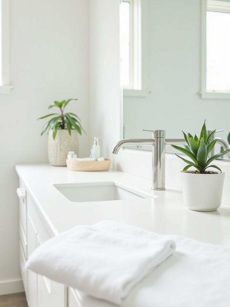 Minimalist bathroom countertop with essential items, promoting decluttered space and a sense of calm.