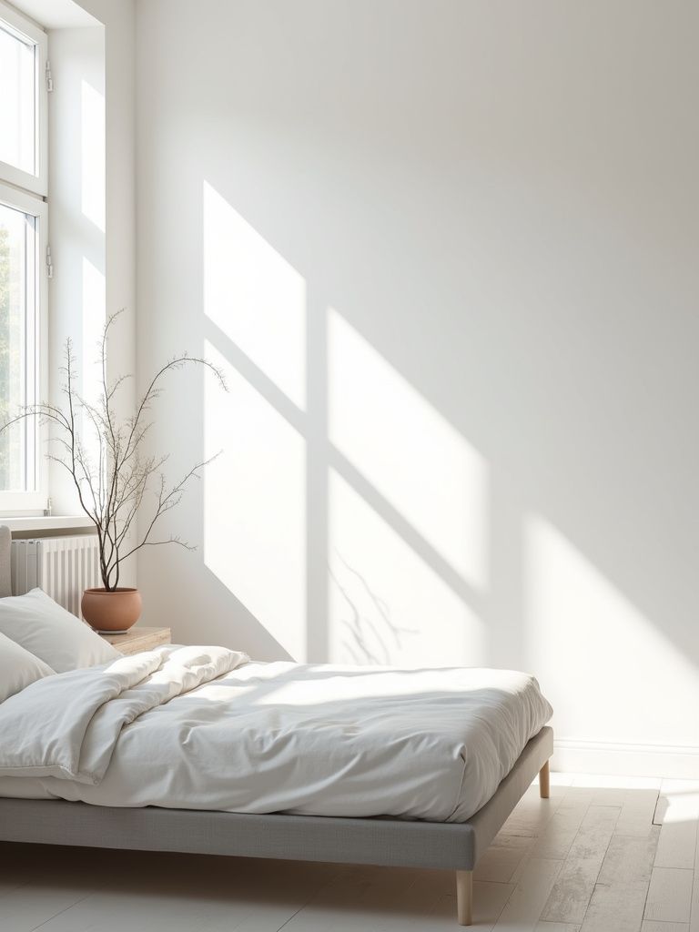 Minimalist bedroom design with white walls, grey bed, and natural light for a tranquil and relaxing space