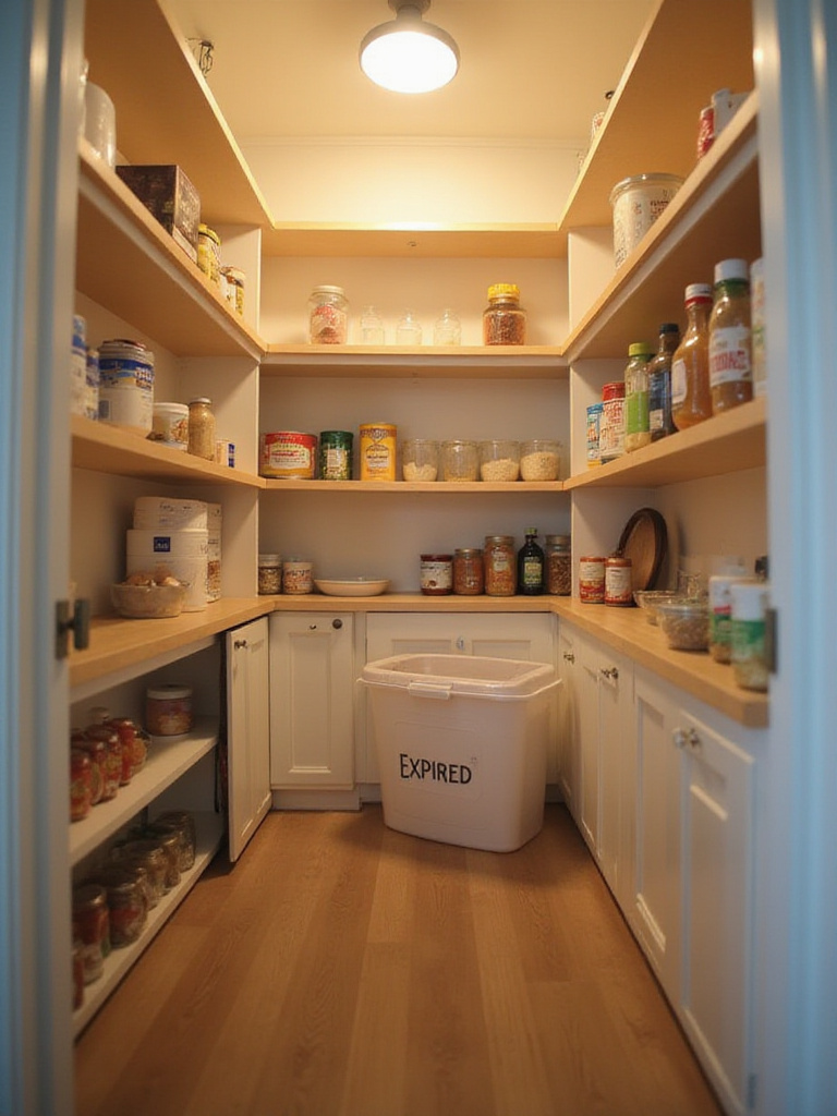 Pantry organization with expired food being discarded in a designated bin.