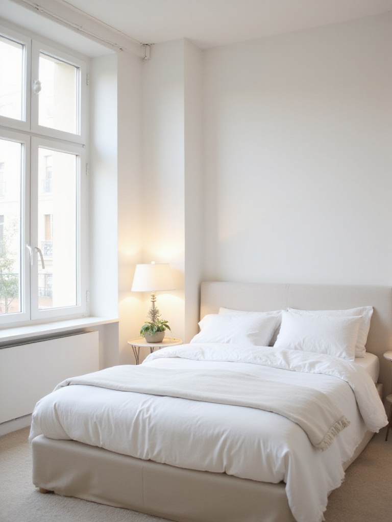 Serene and decluttered minimalist apartment bedroom with white linens and natural light.