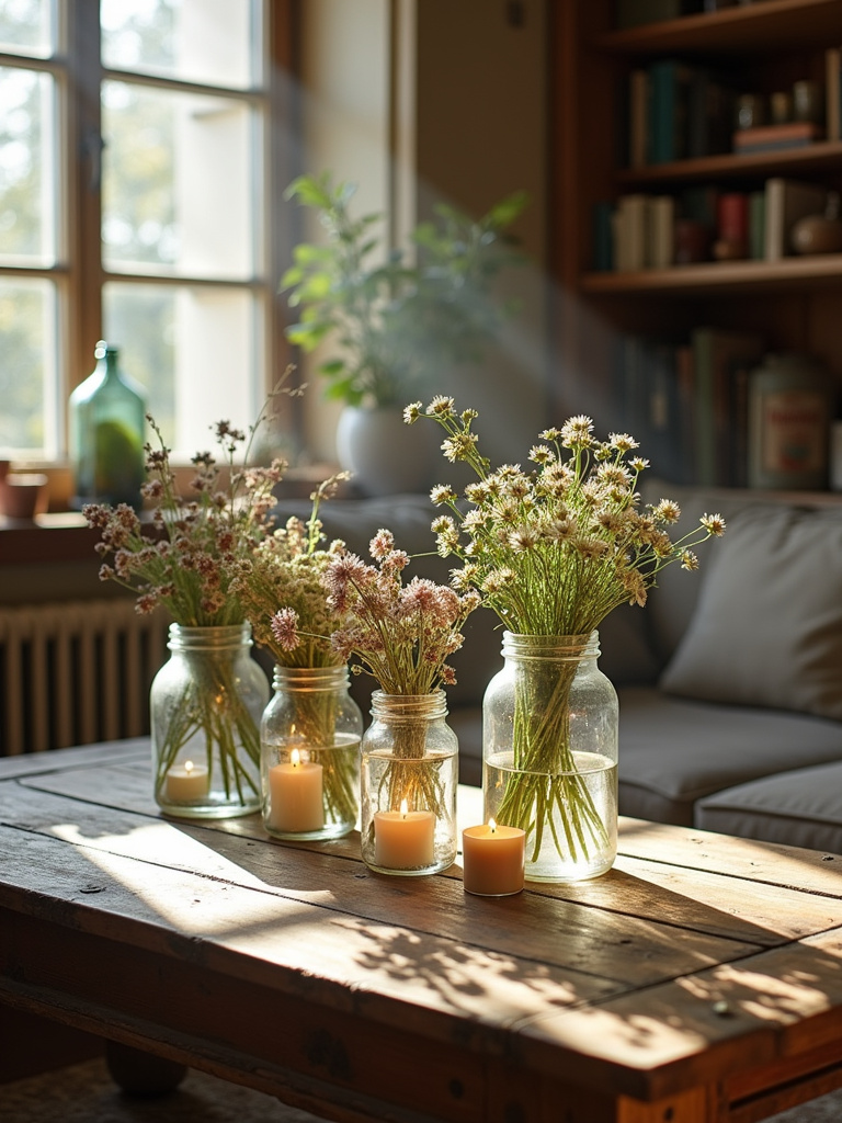 Rustic living room decor featuring mason jars and glass bottles