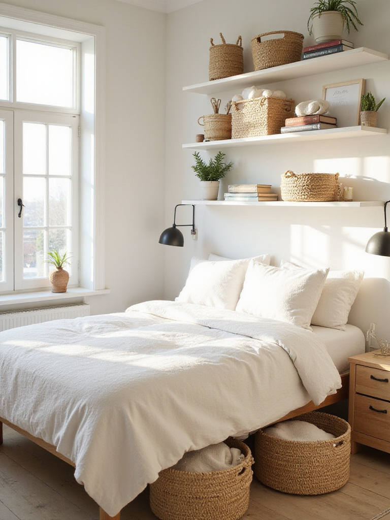 Bedroom with neutral decor featuring woven baskets under the bed and on shelves for stylish storage.