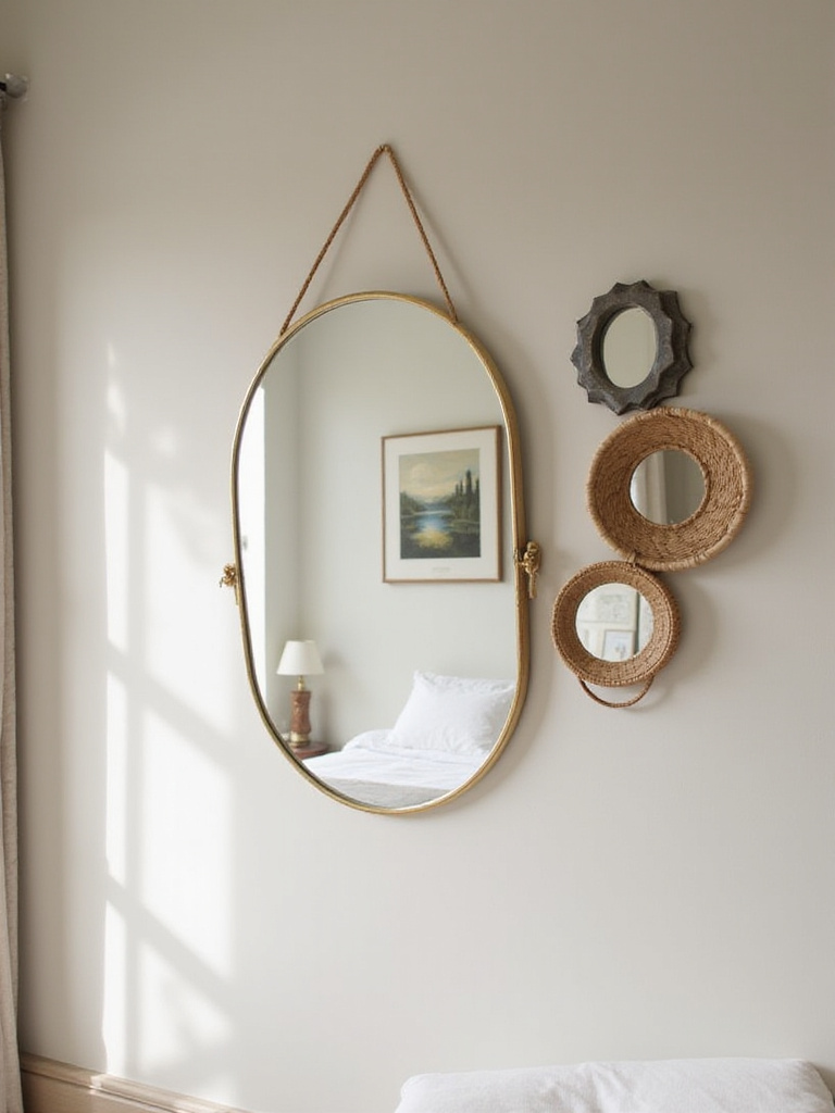 Decorative wall mirrors with unique shapes and frames in a serene bedroom setting.